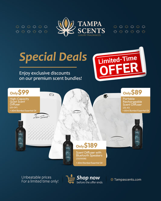 Limited offer, ZS-2000B Marble-Black Smart Diffuser + 60 ml Bombei™ Oil  Waterless Cold-Air, App-Controlled Bluetooth Speaker, 2 000 ft² Coverage, Pet & Kid Safe